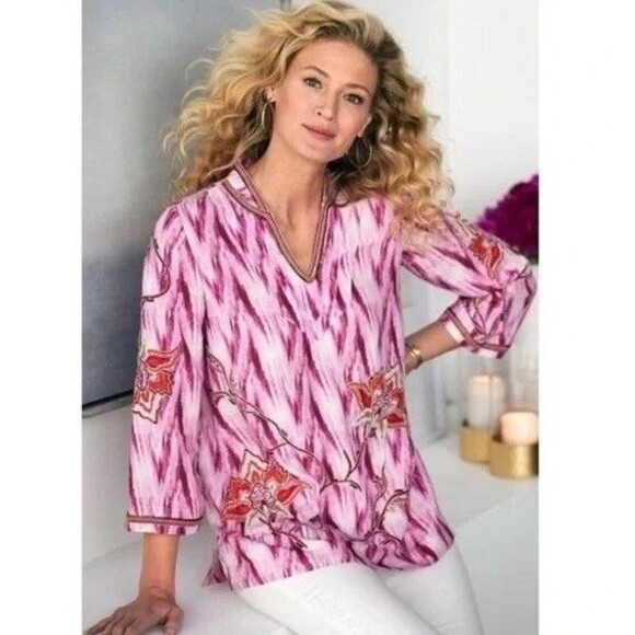 Soft Surroundings Tops - Soft Surroundings Altea Ikat Pink Floral Tunic Blouse Beaded Embroidered Size XL